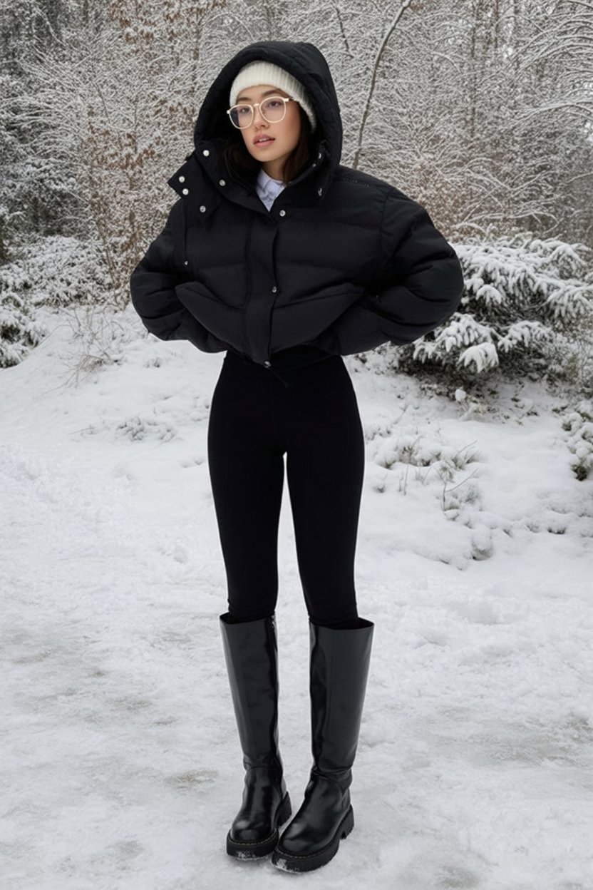 Puffer Jacket with Leggings and Boots inspiration photo