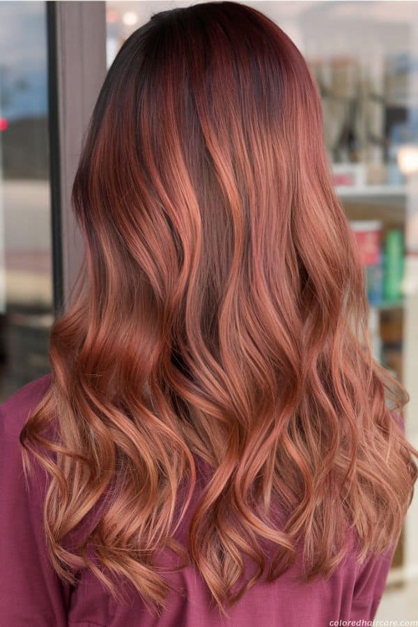 Copper highlights on mahogany brunette hair
