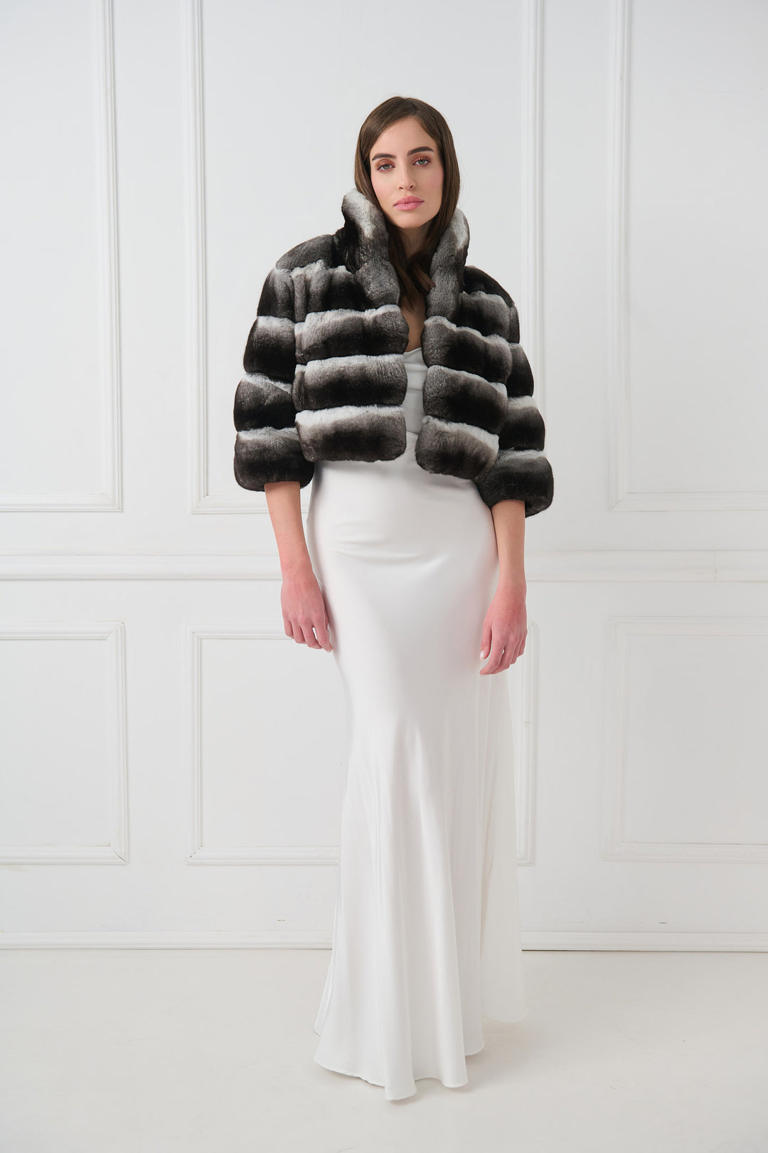 White Satin Dress Under a Black Faux Fur Coat winter formal outfit