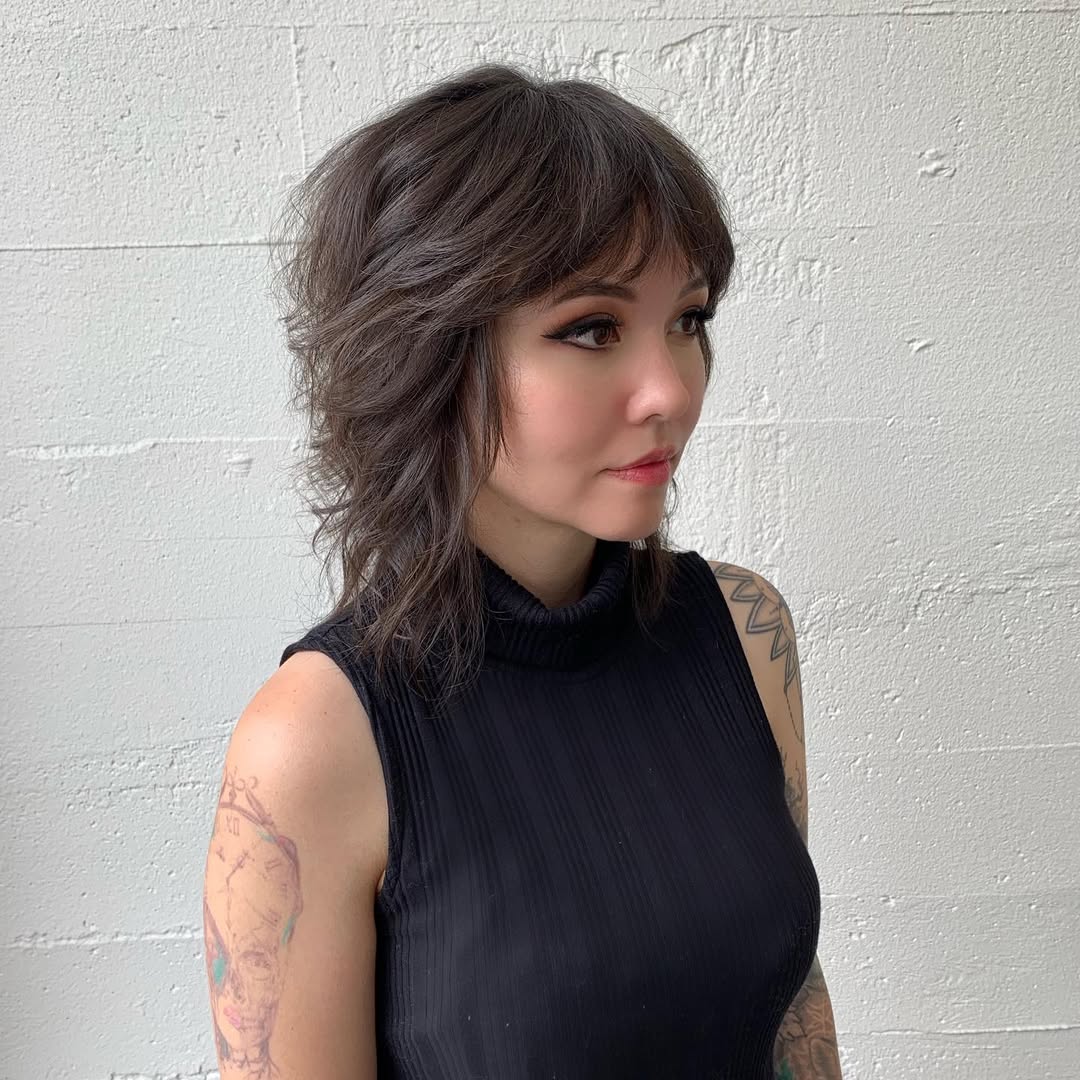 Charcoal Tousled Shag with Side-Swept Bangs wolf cut hair