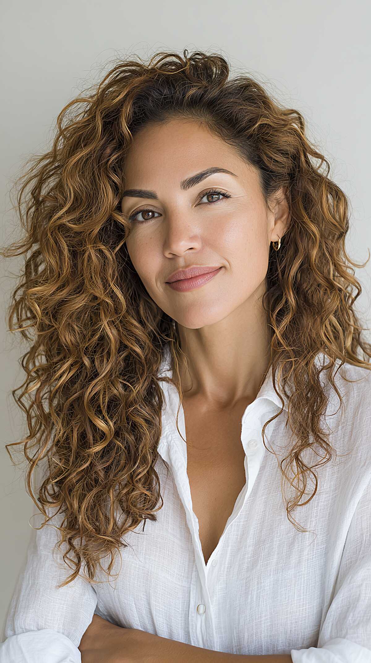 Mid-back brunette curls with golden warmth