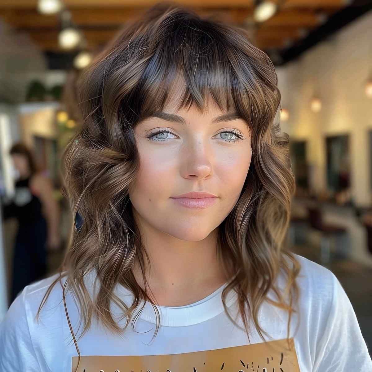 Mid-length shag haircut with short blunt bangs