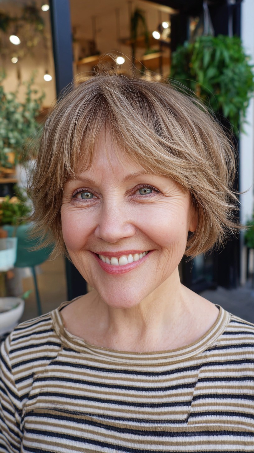 Modern tousled short shag haircut with wispy micro bangs