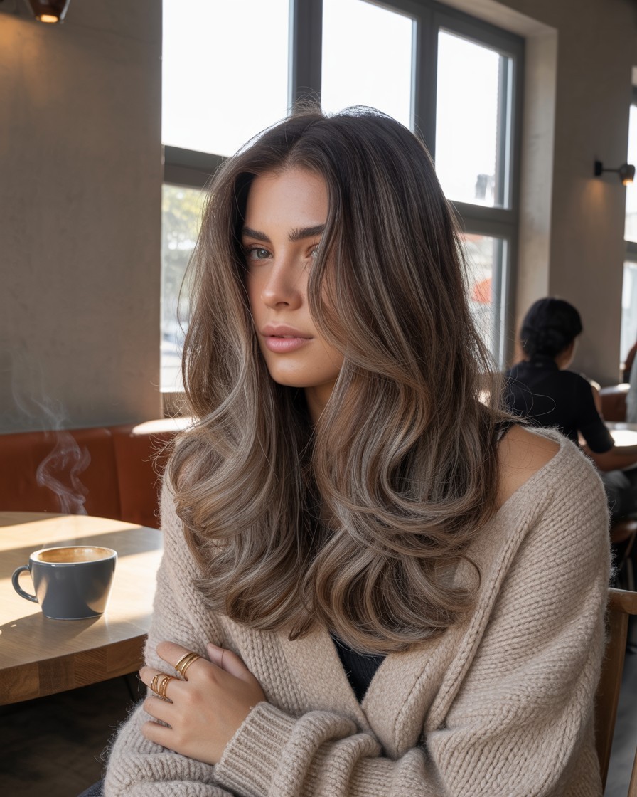 Mushroom ash balayage on soft wavy brunette hair