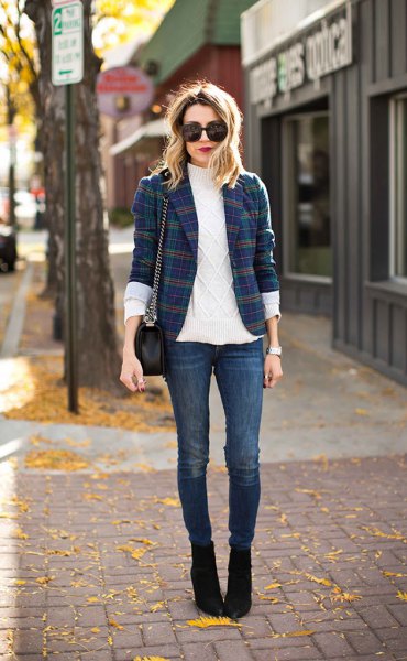A Navy and Green Plaid Blazer with a White Cable-Knit Turtleneck casual work outfit