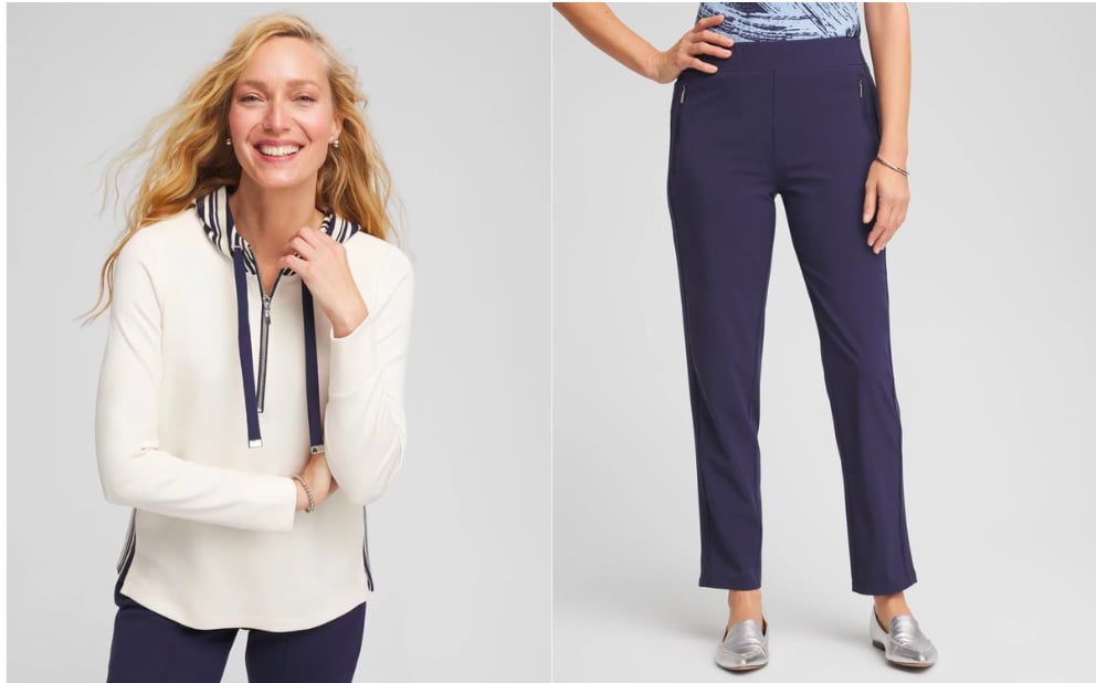 Navy and white loungewear set with a mock-neck jacket and joggers comfy outfit