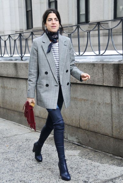 A Grey Oversized Plaid Blazer with a Striped Tee and Slim Leather-Look Trousers casual work outfit
