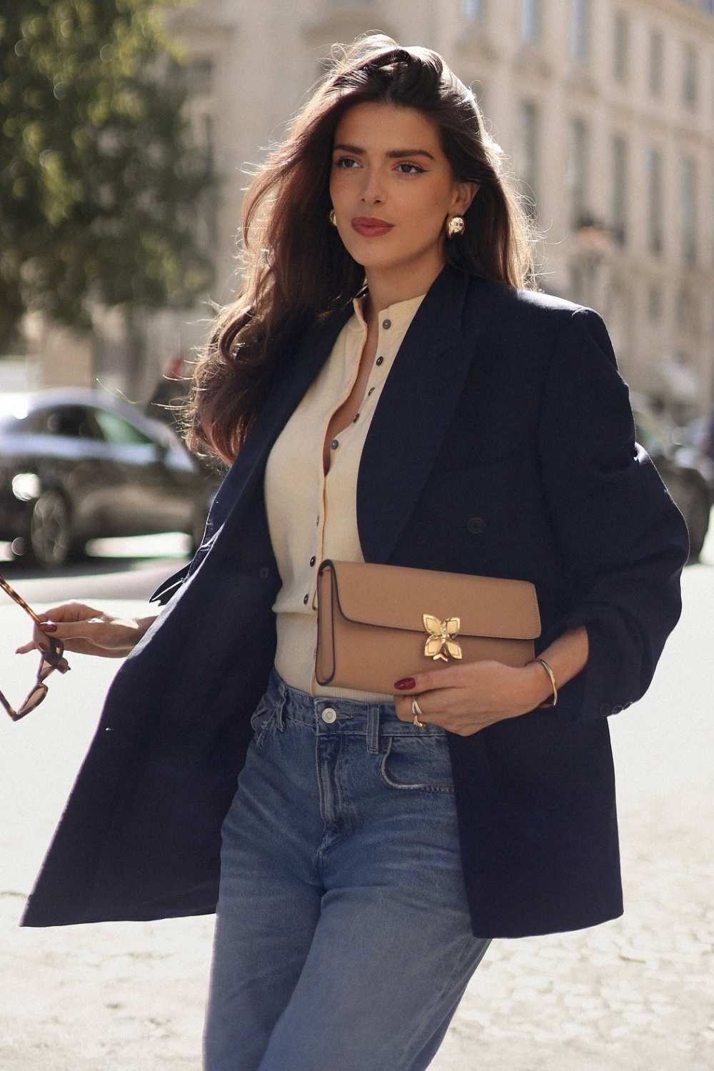 Navy blazer with soft knit and light-wash jeans preppy outfit