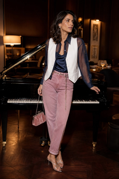 Sheer Navy Blouse with Pink Trousers dinner outfit
