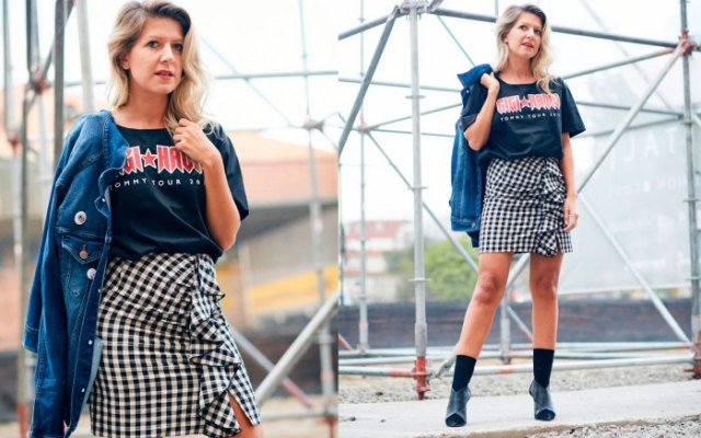 Navy retro tee, checked wrap skirt and denim jacket t-shirt outfit