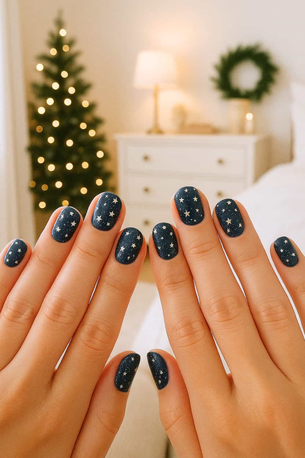 Silver and Gold Star Nails on a Dark Base new years eve nails design
