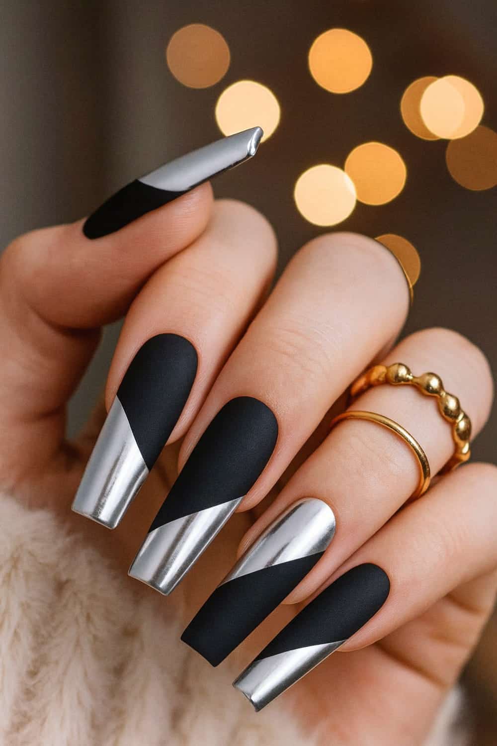 Black and Silver Chrome Nails new years eve nails design