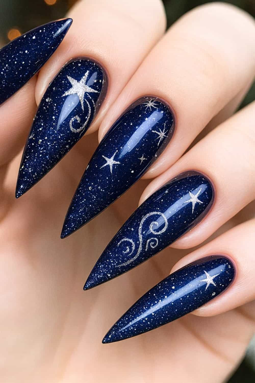 Midnight Blue Nails with Silver Glitter new years eve nails design