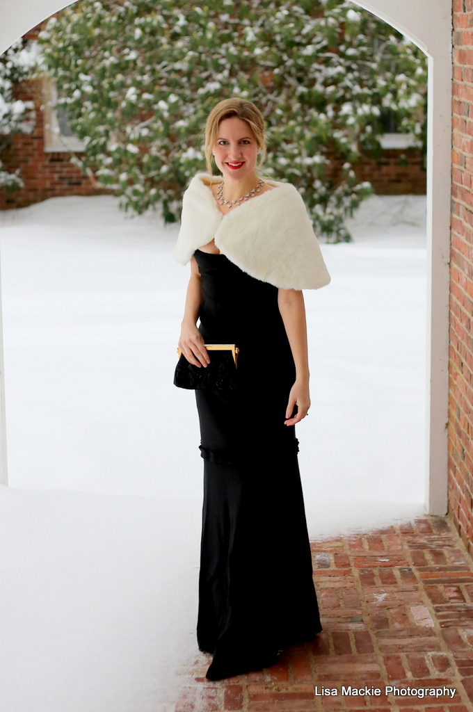 Black Strapless Gown With a White Faux Fur Stole dinner dress