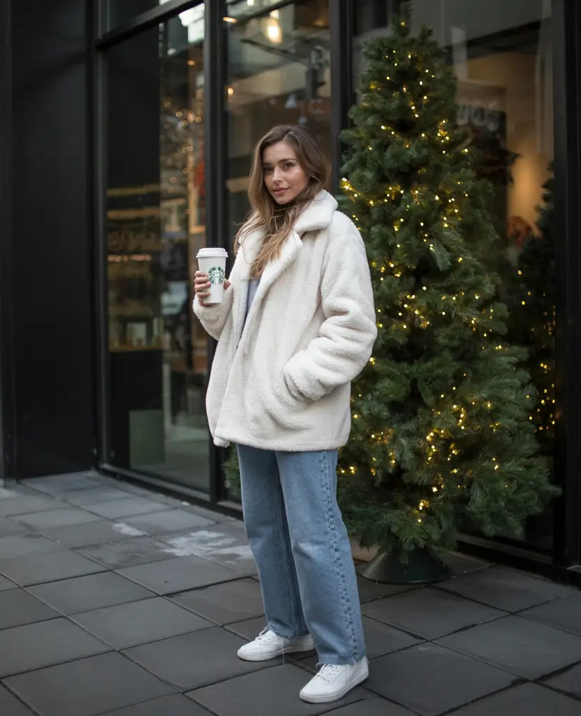 White teddy coat with light wash jeans and white sneakers errands outfit