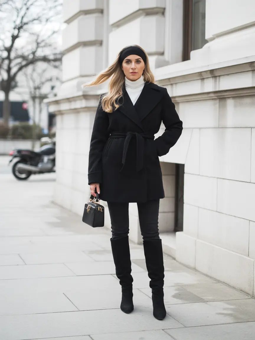 Black Office Look with a Long Winter Coat dark outfit