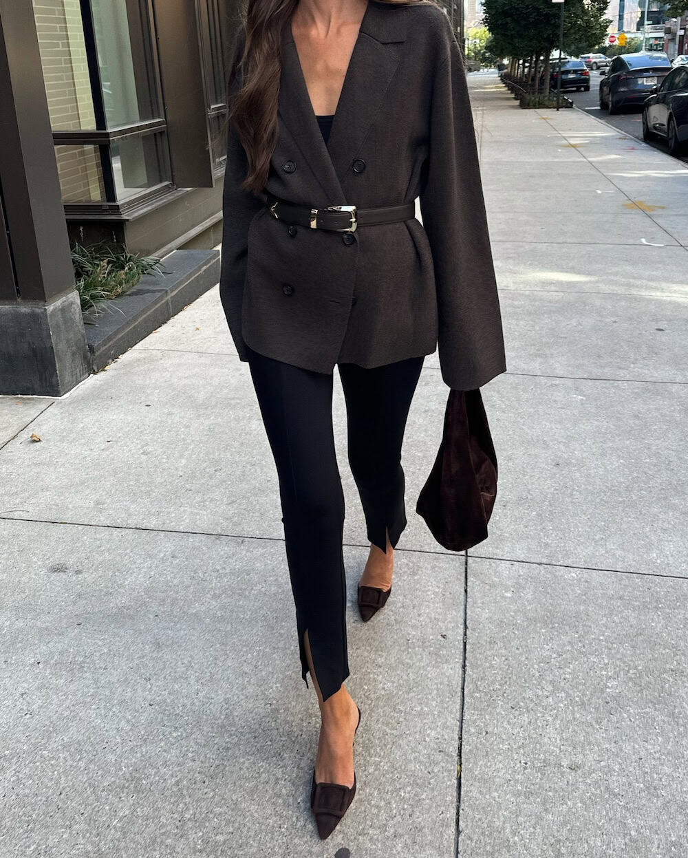 Belted blazer with black split-hem slacks work outfit