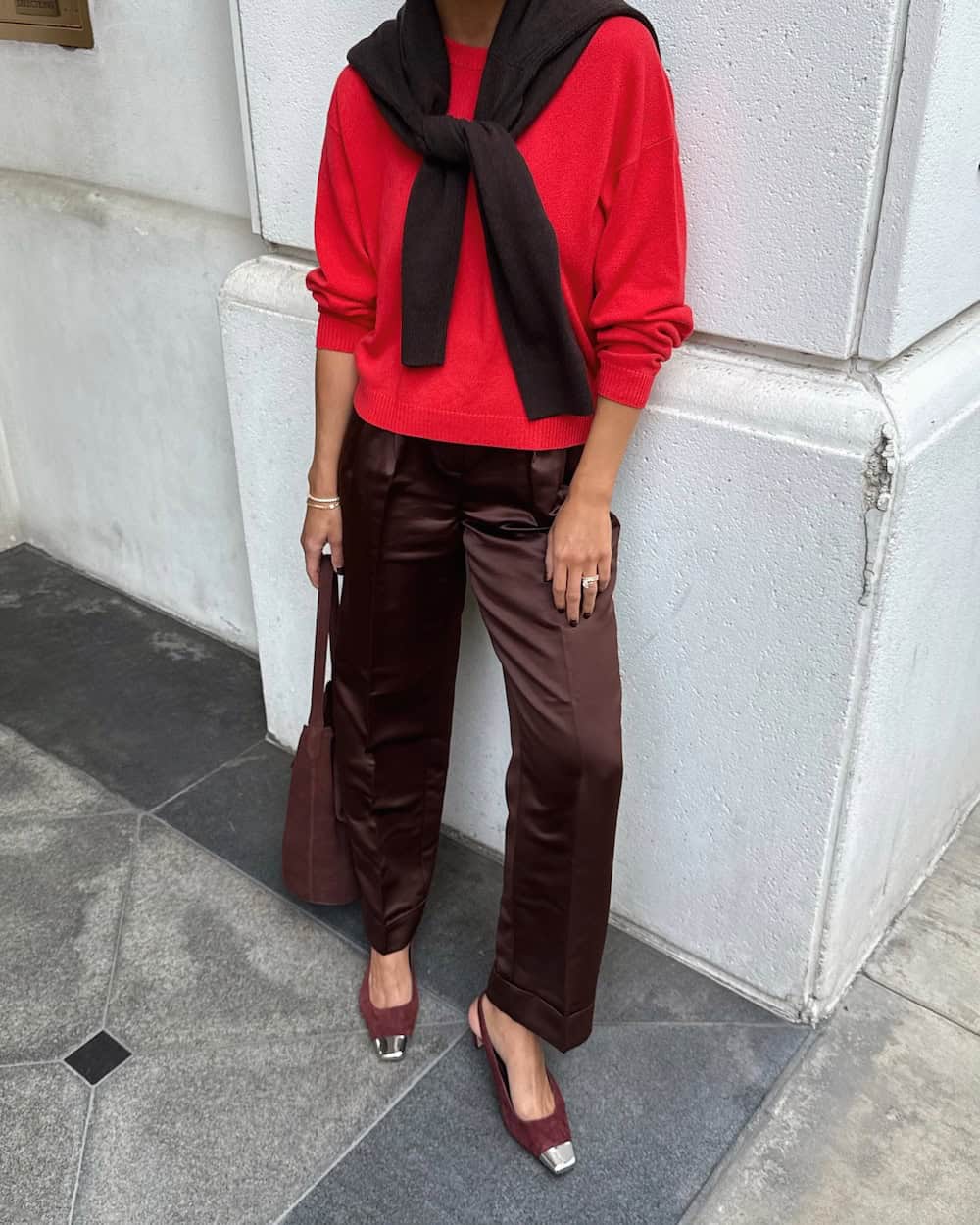 Rich Red Knit with Silky Brown Trousers business outfit
