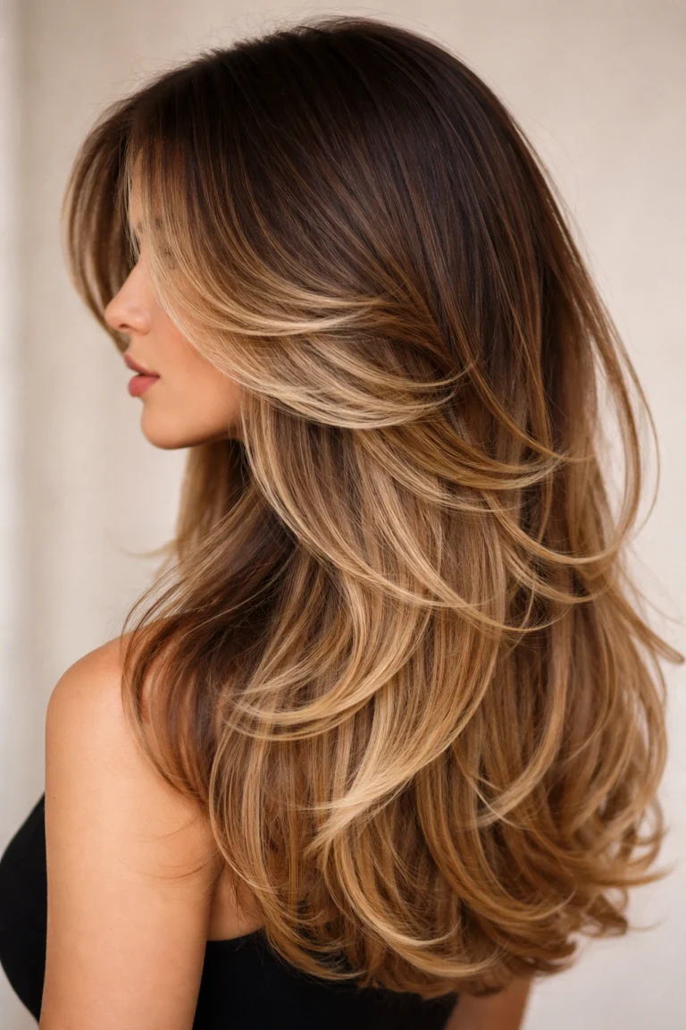 Long layered hair at mid-back length with a soft blonde blend low maintenance haircut
