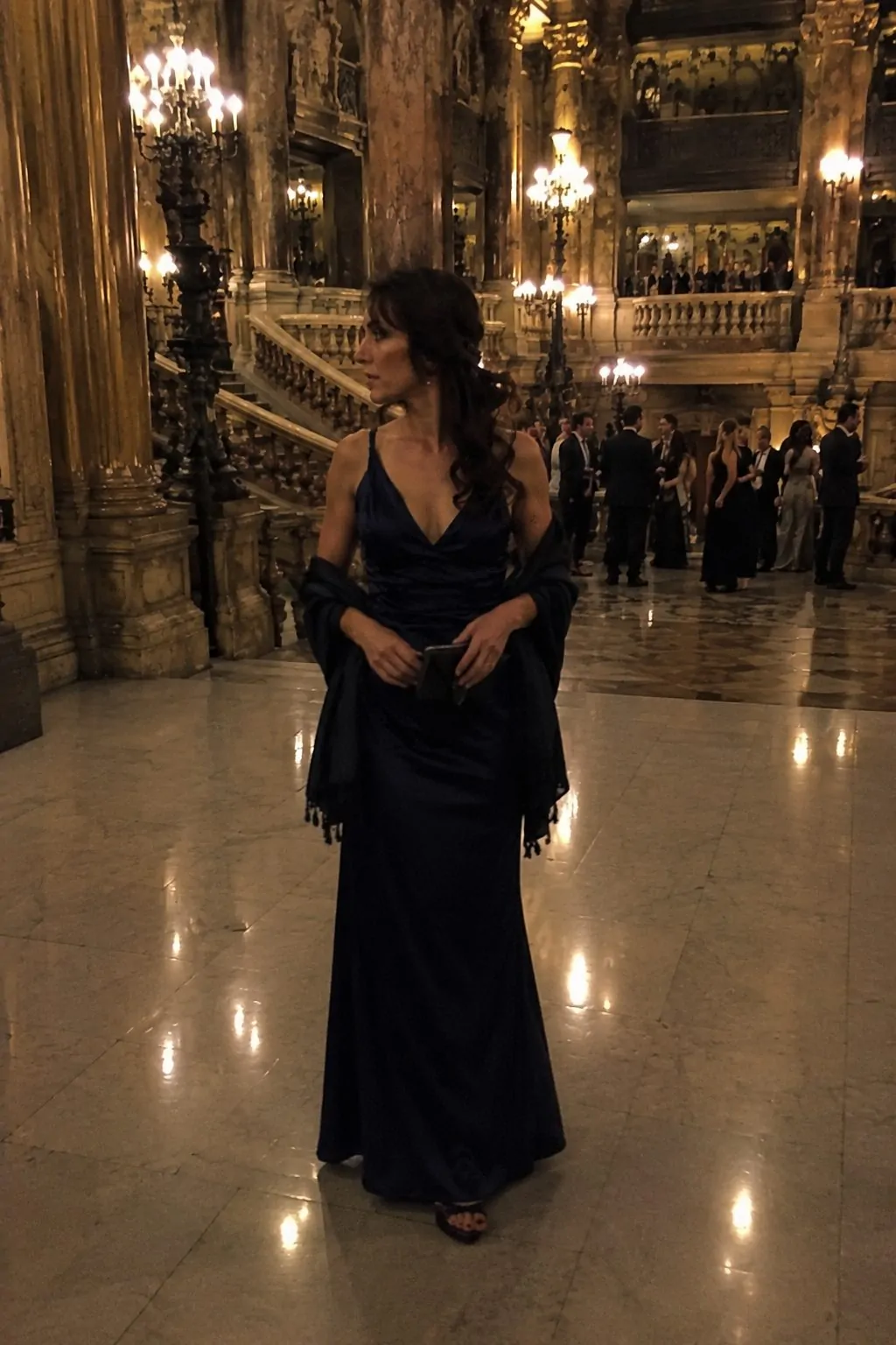Navy Floor-Length Gown with a Soft Wrap theater outfit
