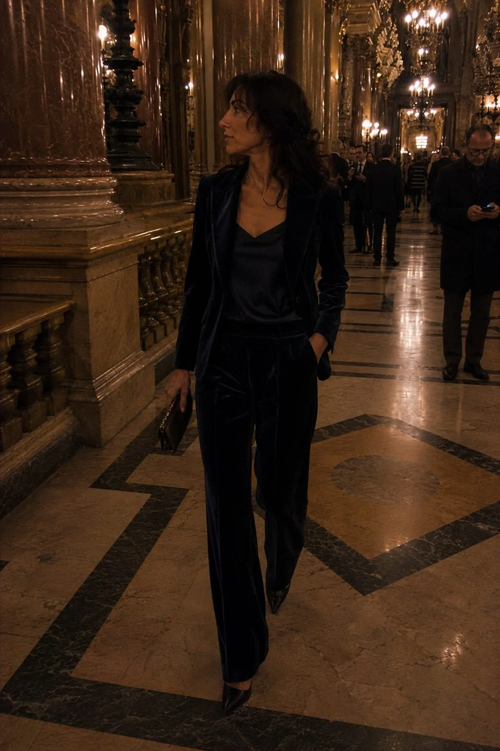 Navy Velvet Trouser Suit with a Satin Camisole theater outfit