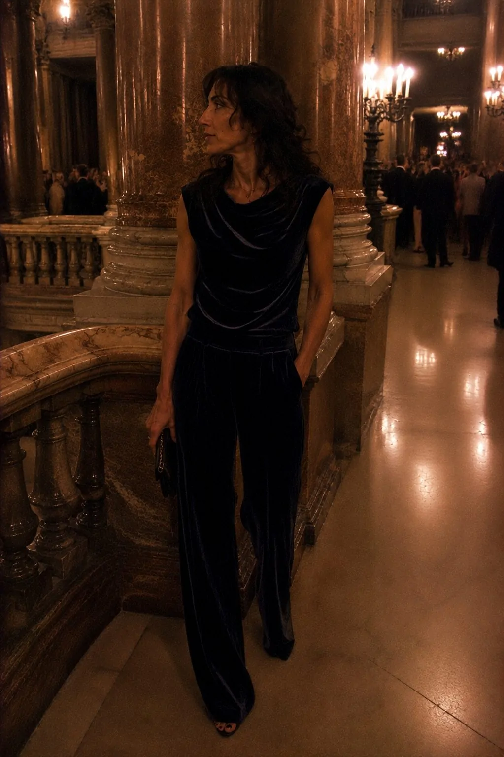 Navy Velvet Two-Piece with a Draped Top theater outfit