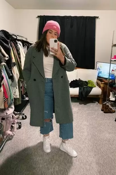 Oversized Green Coat with Distressed Jeans and White Sneakers streetwear outfit