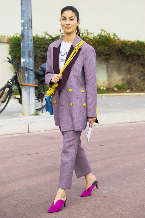 Tonal lilac and purple outfit styled with matching mules