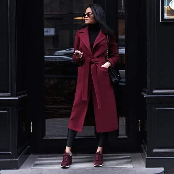 A Long Burgundy Wool Coat with Matching Boots maroon outfit