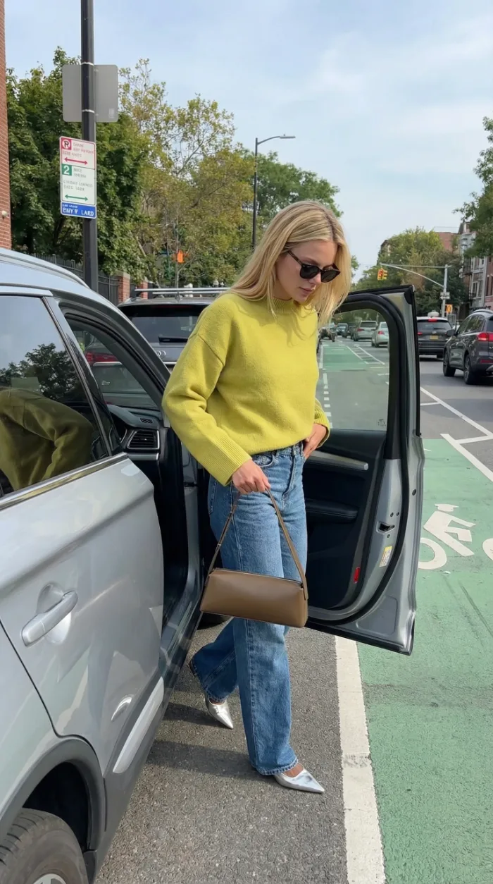 Chartreuse sweater with baggy jeans lazy outfit