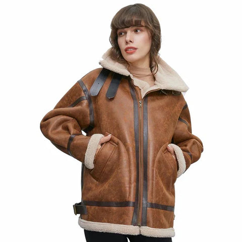 Woman in a cream faux shearling aviator jacket