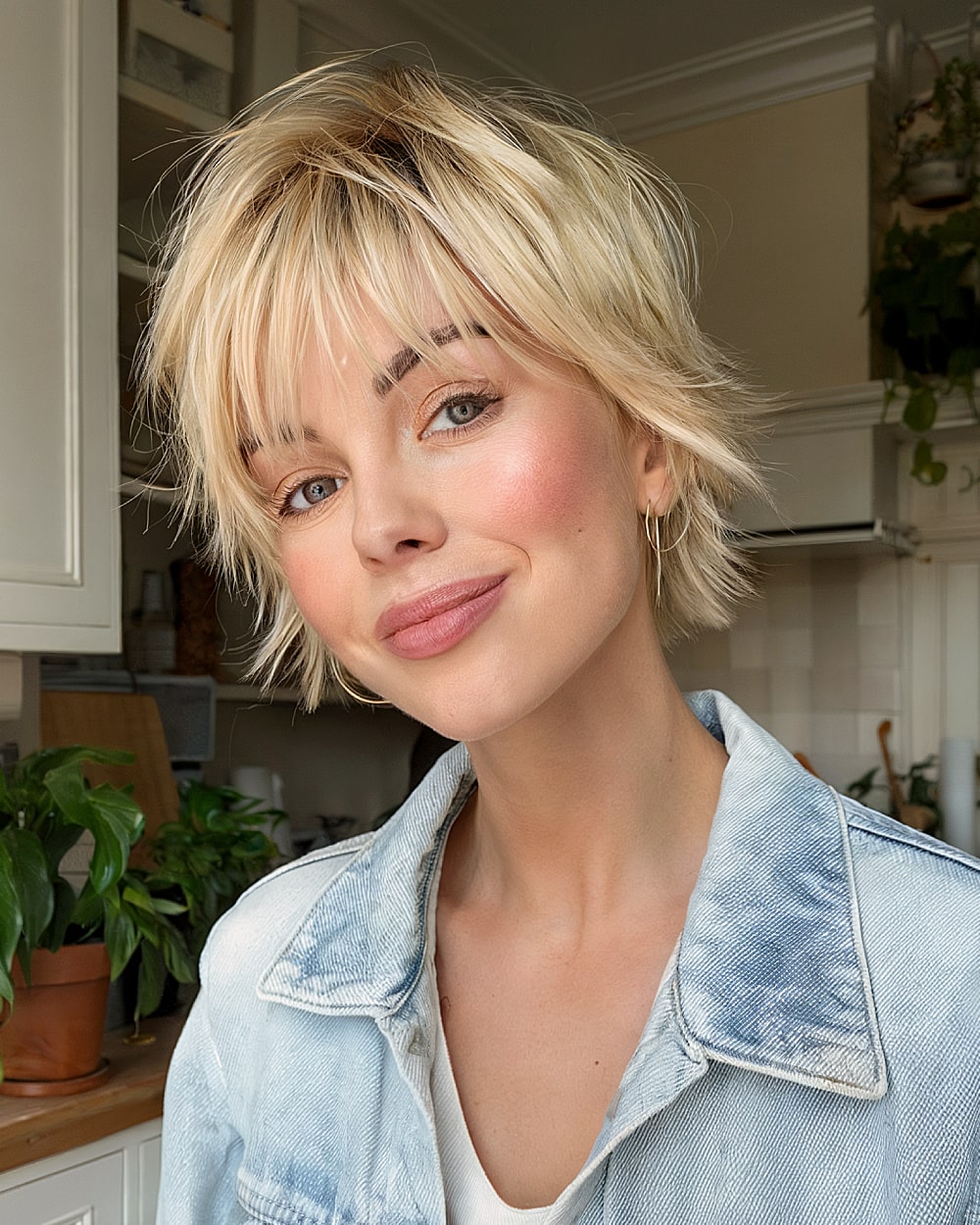 Face-framing layers on a blonde bixie blonde short hair