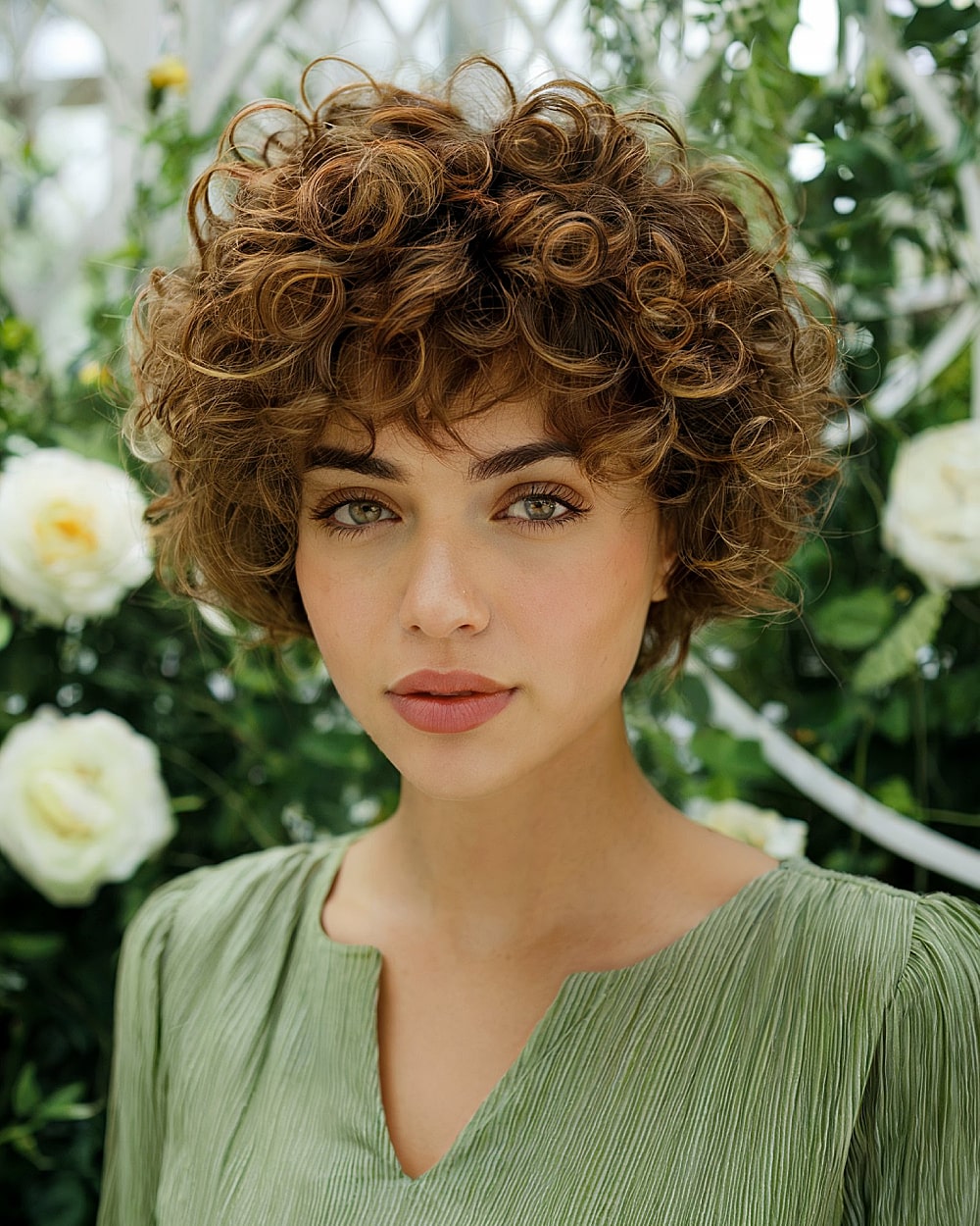 Curly pixie bob with light auburn highlights and soft voluminous curls