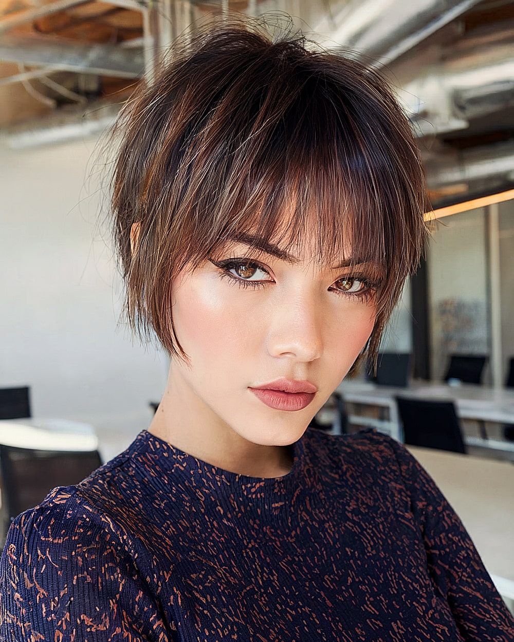 Pixie bob with full bangs and blunt ends on thick dark straight hair