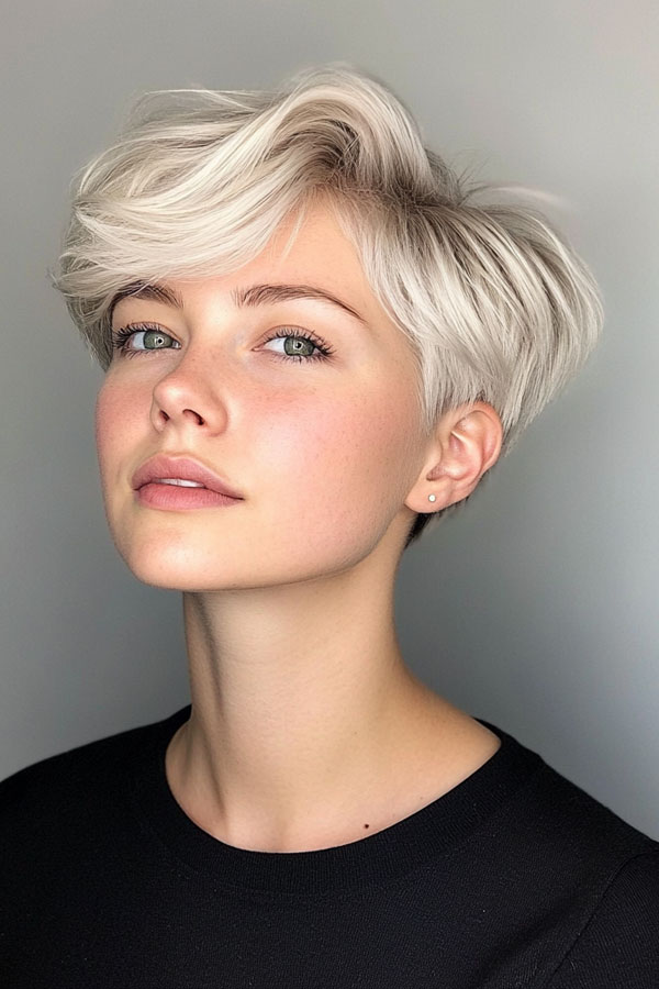 Woman with an icy platinum blonde pixie cut
