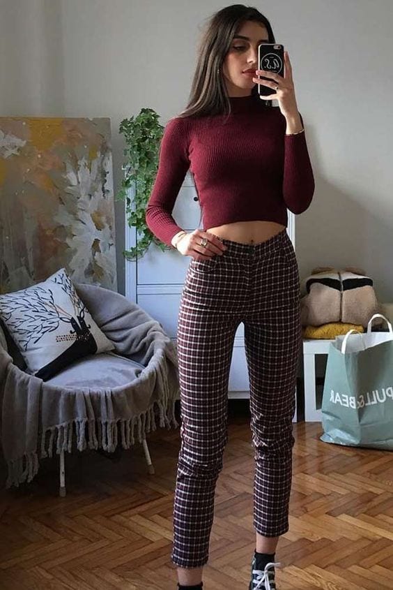 A Fitted Burgundy Top with High-Waisted Plaid Trousers maroon outfit