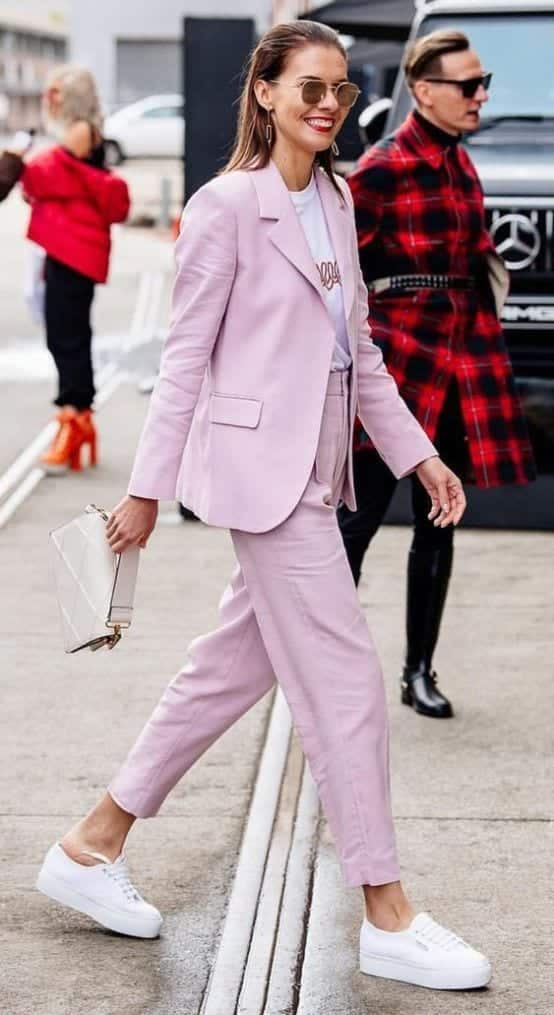 Pastel pink suit with plain tee job interview outfit