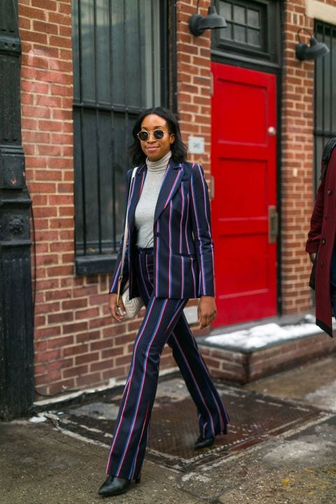 Dark blue striped suit with turtleneck job interview outfit