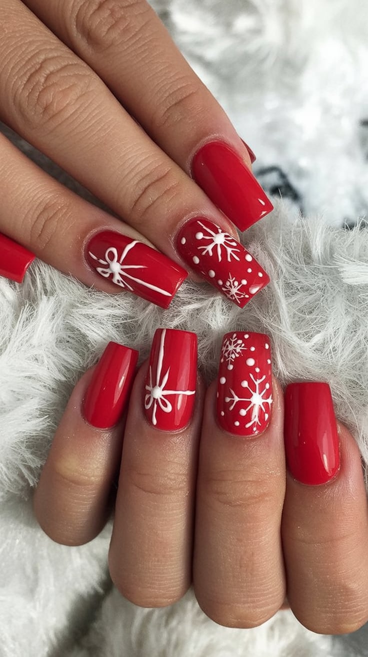 Glossy Red Nails with Bow and Snowflake Accents classy Christmas nail manicure