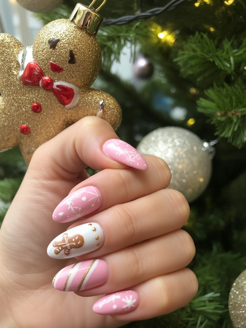 Soft Pink Nails with a Gingerbread Accent classy Christmas nail manicure