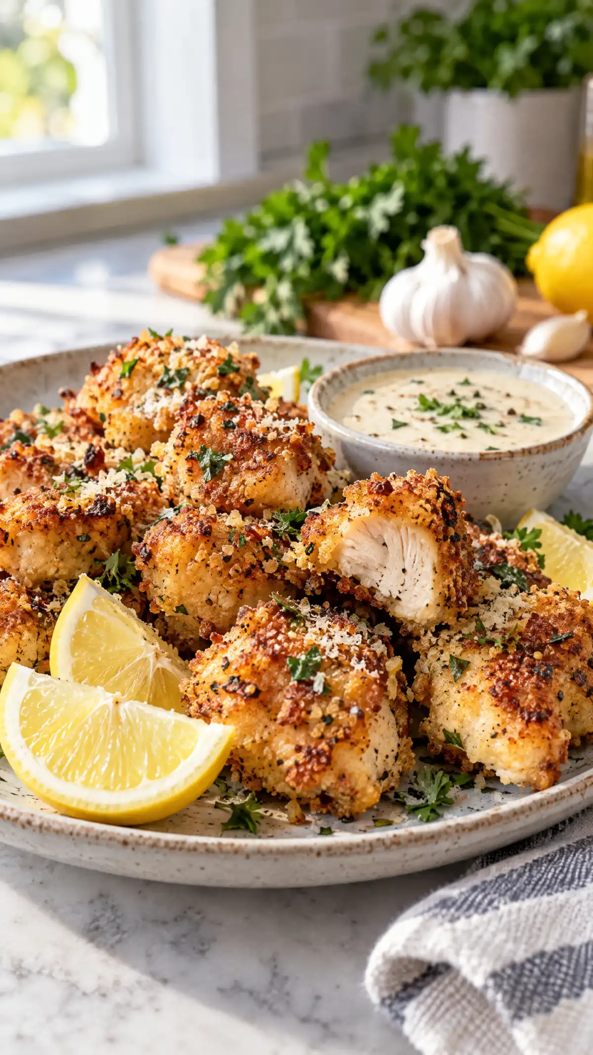 Golden crispy garlic parmesan chicken bites with lemon and dipping sauce