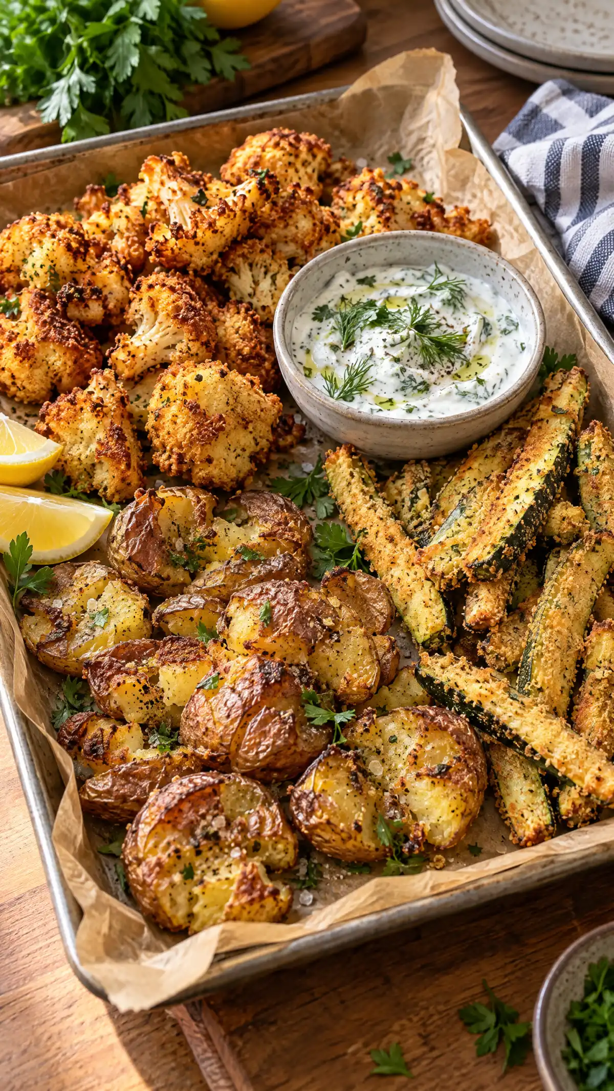 Colorful vegetarian air fryer spread with cauliflower, zucchini fries and smashed potatoes