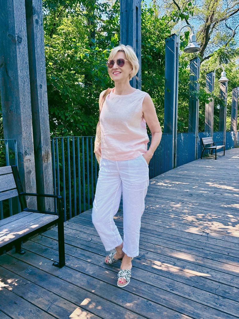 Pink linen top with white linen pants linen pants outfit