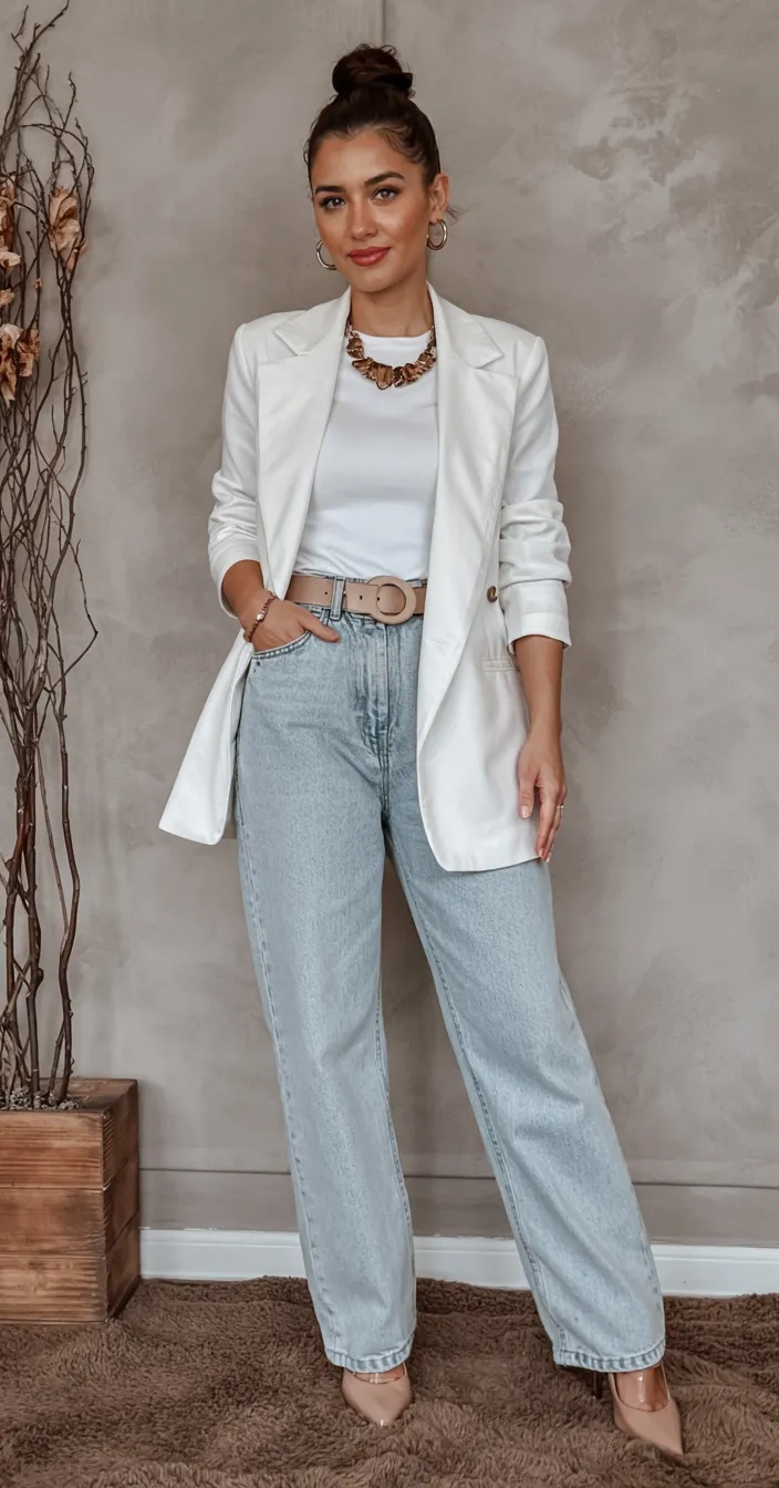 White Blazer, Tucked Tee and Belted High-Rise Jeans smart casual outfit