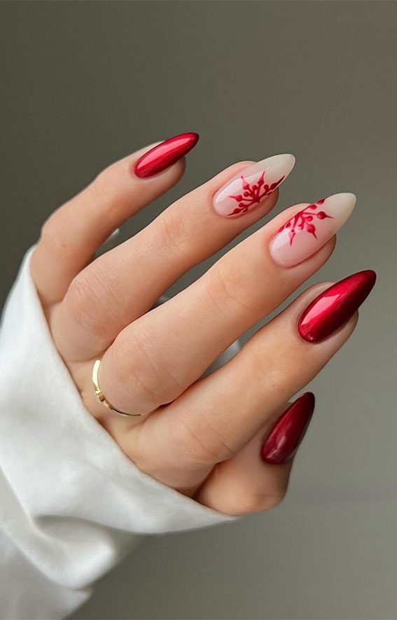 Ruby Red Chrome Nails with Delicate White Snowflake Art holiday nails