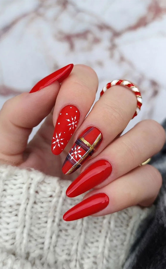 Red Plaid Nails with Snowflakes and Gold Glitter Accents holiday nails