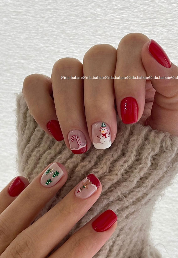 Snowman and Candy Cane Stripe Nails in Red and White holiday nails