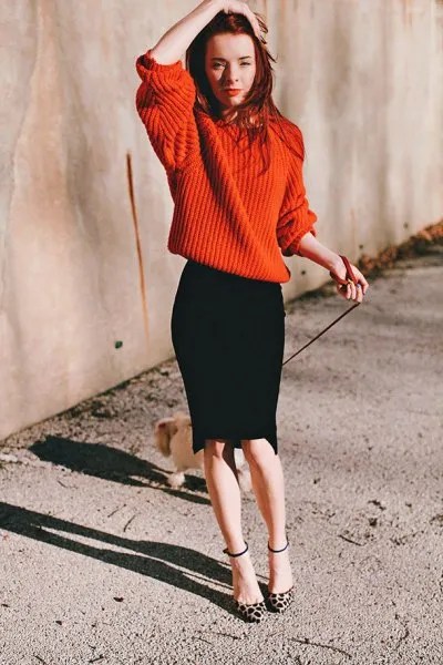 Red Oversized Knit with a Black Pencil Skirt sweater outfit for women