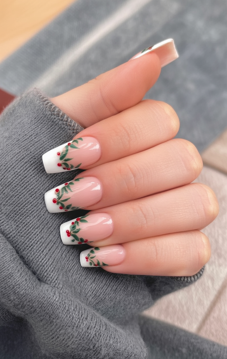 White French Tips with Green Holly Accents Christmas French tips nail design