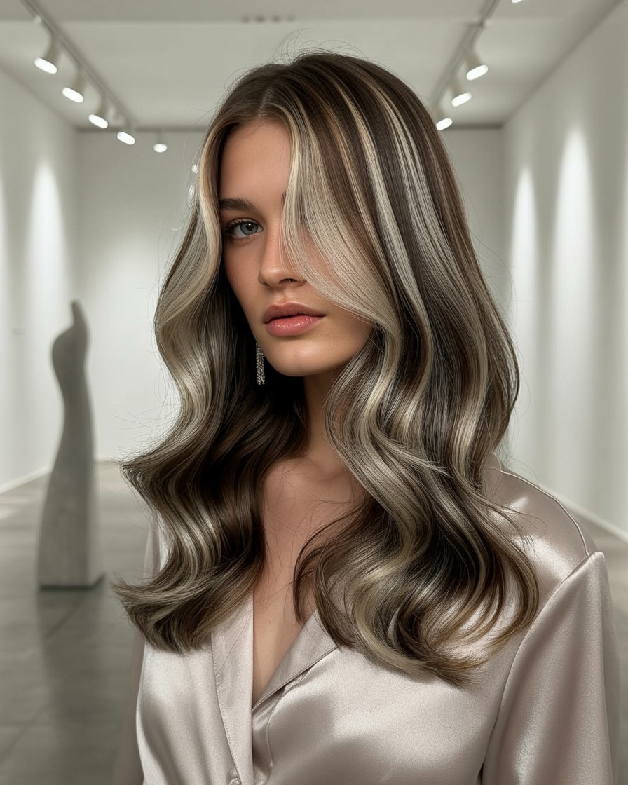Rooted ash brown hair with pearl-toned balayage ends in soft waves
